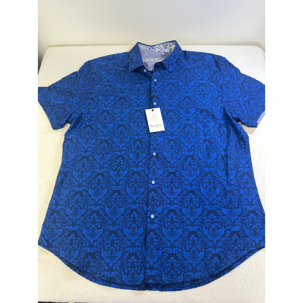 Robert Graham Mens XL Blue Damask Jacquard Short Sleeve Button Down Shirt NWT
